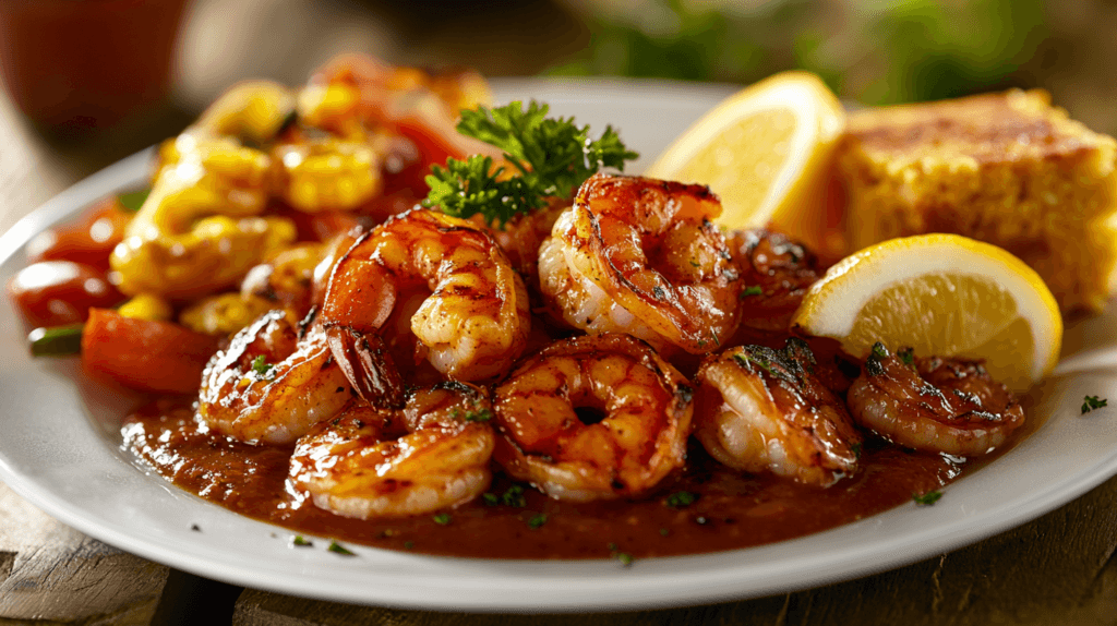 A plate of BBQ shrimp glazed with rich sauce, garnished with parsley and lemon, served alongside cornbread and grilled vegetables