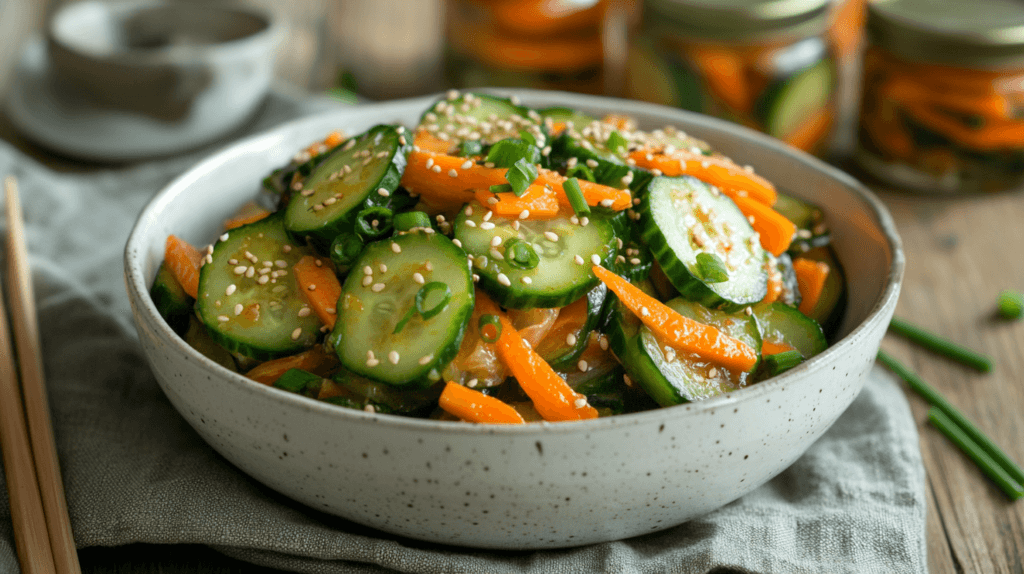 A bowl of cucumber kimchi garnished with sesame seeds, carrots, and garlic chives, showcasing its vibrant colors and fresh, spicy appearance.