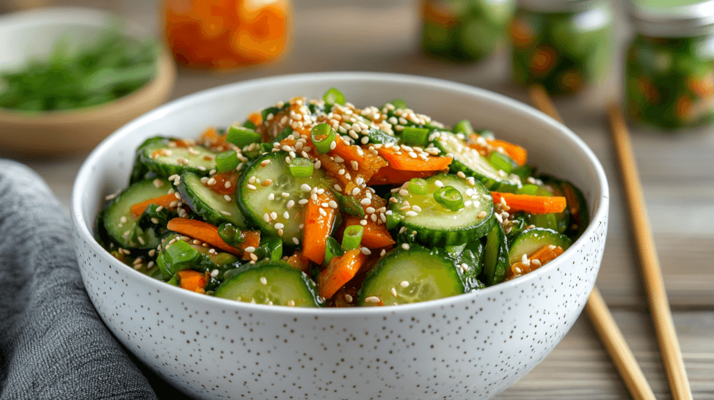 A bowl of cucumber kimchi garnished with sesame seeds, carrots, and garlic chives, showcasing its vibrant colors and fresh, spicy appearance.